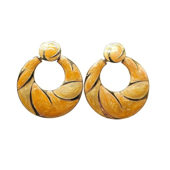 Vintage 1980s Gold Tone Orange Enamel Swirl Dangle Post Earrings - Picture 1 of 5